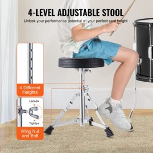kids drum set, 5 piece, 16 in beginner full drum set with bass toms snare floor drum adjustable throne cymbal hi hat pedal and two pairs of drumsticks, starter drum kit for child kids, black