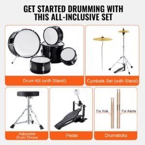 kids drum set, 5 piece, 16 in beginner full drum set with bass toms snare floor drum adjustable throne cymbal hi hat pedal and two pairs of drumsticks, starter drum kit for child kids, black