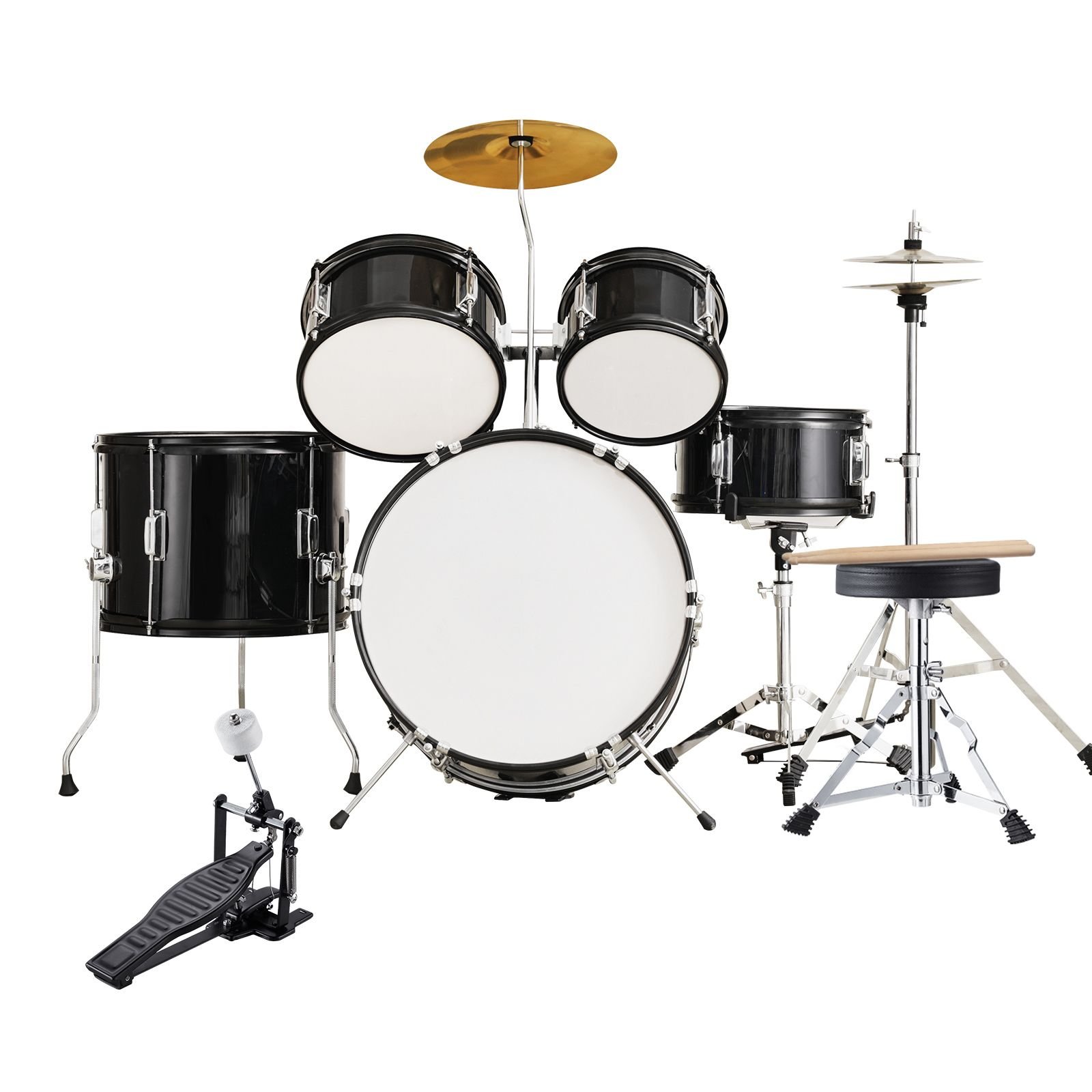 kids drum set, 5 piece, 16 in beginner full drum set with bass toms snare floor drum adjustable throne cymbal hi hat pedal and two pairs of drumsticks, starter drum kit for child kids, black
