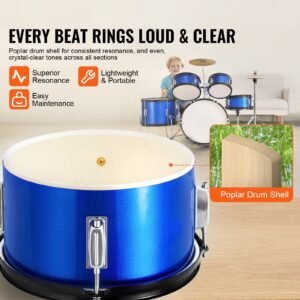 kids drum set, 5 piece, 16 in beginner full drum set with bass toms snare floor drum adjustable throne cymbal hi hat pedal and two pairs of drumsticks, starter drum kit for child kids, blue