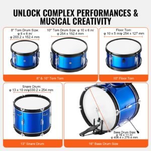 kids drum set, 5 piece, 16 in beginner full drum set with bass toms snare floor drum adjustable throne cymbal hi hat pedal and two pairs of drumsticks, starter drum kit for child kids, blue