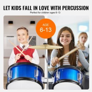kids drum set, 5 piece, 16 in beginner full drum set with bass toms snare floor drum adjustable throne cymbal hi hat pedal and two pairs of drumsticks, starter drum kit for child kids, blue