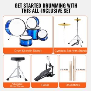 kids drum set, 5 piece, 16 in beginner full drum set with bass toms snare floor drum adjustable throne cymbal hi hat pedal and two pairs of drumsticks, starter drum kit for child kids, blue