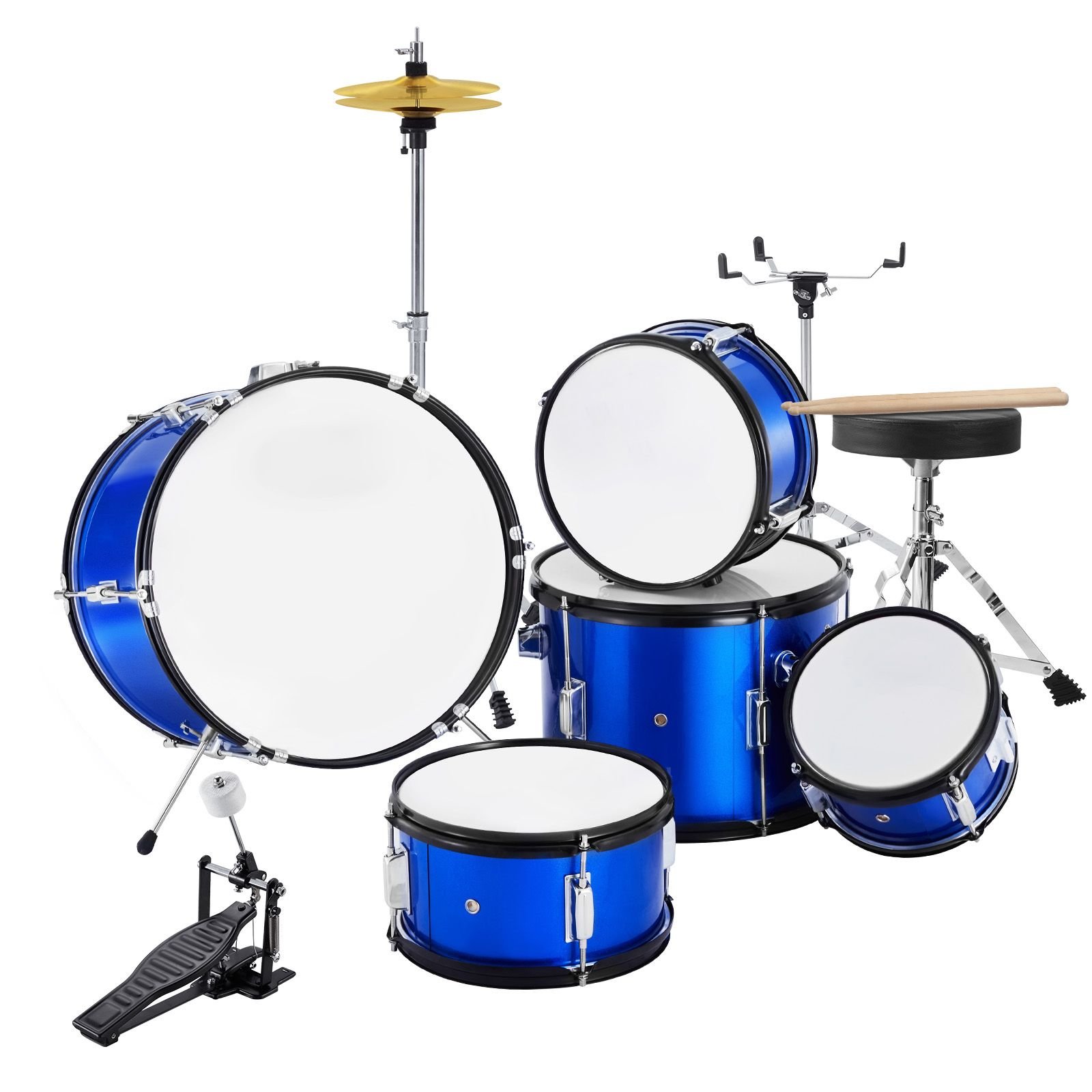 kids drum set, 5 piece, 16 in beginner full drum set with bass toms snare floor drum adjustable throne cymbal hi hat pedal and two pairs of drumsticks, starter drum kit for child kids, blue