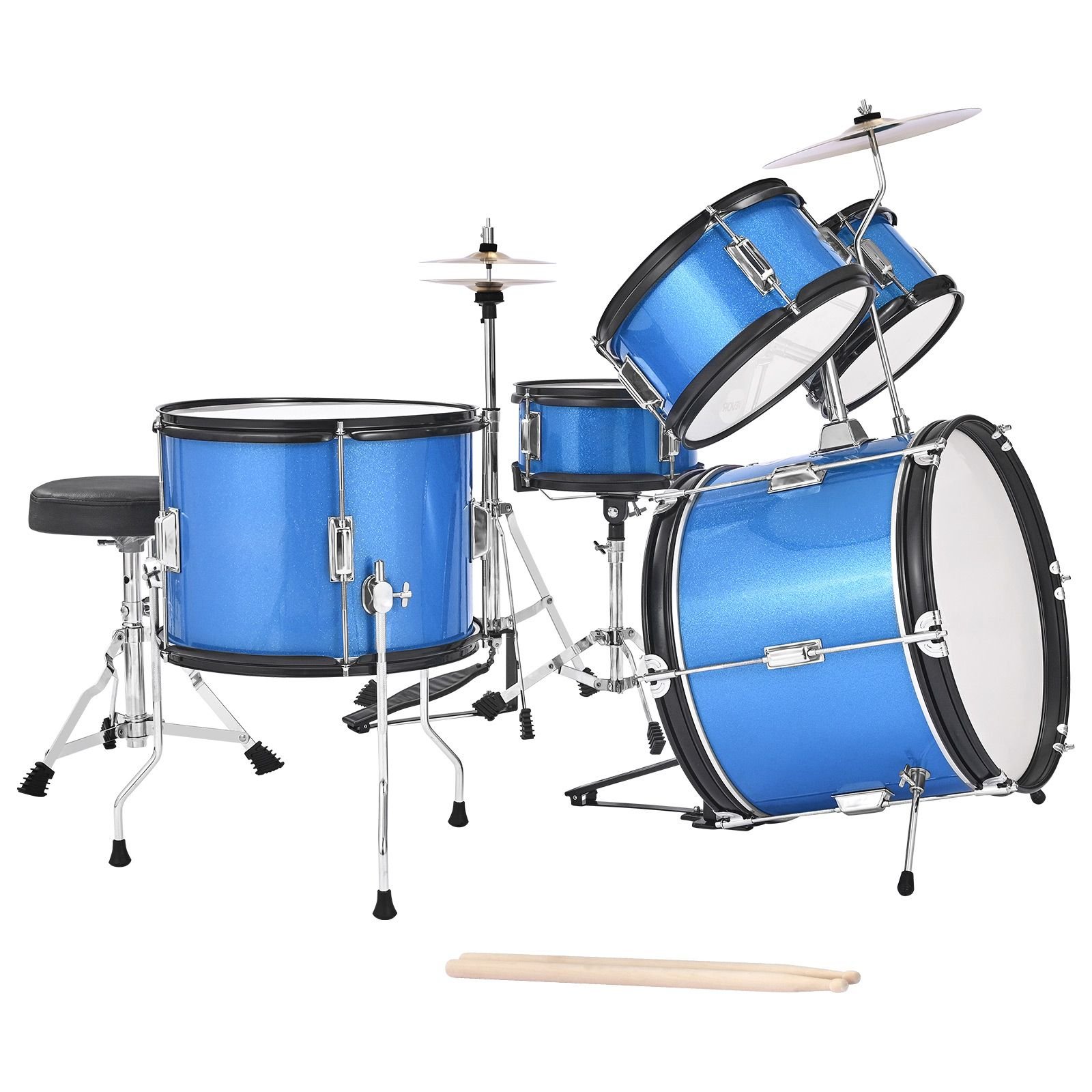 kids drum set, 5 piece 16 in junior drum sets, beginner drums set with adjustable throne, cymbal & two pairs of drumsticks, musical learning drums instruments kit, for children ages 6 13 (blue)