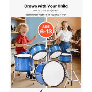 kids drum set, 5 piece 16 in junior drum sets, beginner drums set with adjustable throne, cymbal & two pairs of drumsticks, musical learning drums instruments kit, for children ages 6 13 (blue)