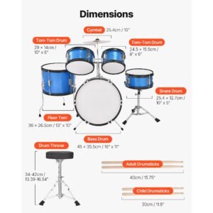 kids drum set, 5 piece 16 in junior drum sets, beginner drums set with adjustable throne, cymbal & two pairs of drumsticks, musical learning drums instruments kit, for children ages 6 13 (blue)