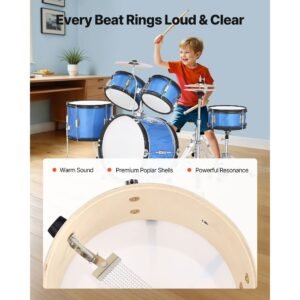 kids drum set, 5 piece 16 in junior drum sets, beginner drums set with adjustable throne, cymbal & two pairs of drumsticks, musical learning drums instruments kit, for children ages 6 13 (blue)