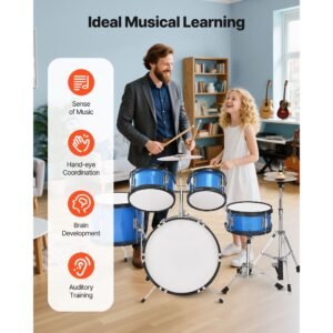 kids drum set, 5 piece 16 in junior drum sets, beginner drums set with adjustable throne, cymbal & two pairs of drumsticks, musical learning drums instruments kit, for children ages 6 13 (blue)