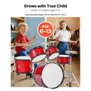 kids drum set, 5 piece 16 in junior drum sets, beginner drums set with adjustable throne, cymbal & two pairs of drumsticks, musical learning drums instruments kit, for children ages 6 13 (red)