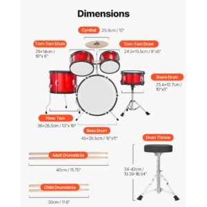 kids drum set, 5 piece 16 in junior drum sets, beginner drums set with adjustable throne, cymbal & two pairs of drumsticks, musical learning drums instruments kit, for children ages 6 13 (red)
