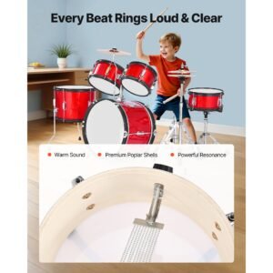 kids drum set, 5 piece 16 in junior drum sets, beginner drums set with adjustable throne, cymbal & two pairs of drumsticks, musical learning drums instruments kit, for children ages 6 13 (red)