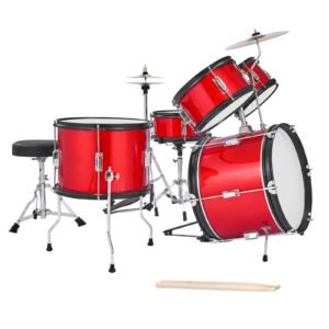 Kids Drum Set, 5-Piece 16 in Junior Drum Sets, Beginner Drums Set with Adjustable Throne, Cymbal & Two Pairs of Drumsticks, Musical Learning Drums Instruments Kit, for Children Ages 6-13 (Red)