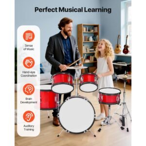 kids drum set, 5 piece 16 in junior drum sets, beginner drums set with adjustable throne, cymbal & two pairs of drumsticks, musical learning drums instruments kit, for children ages 6 13 (red)