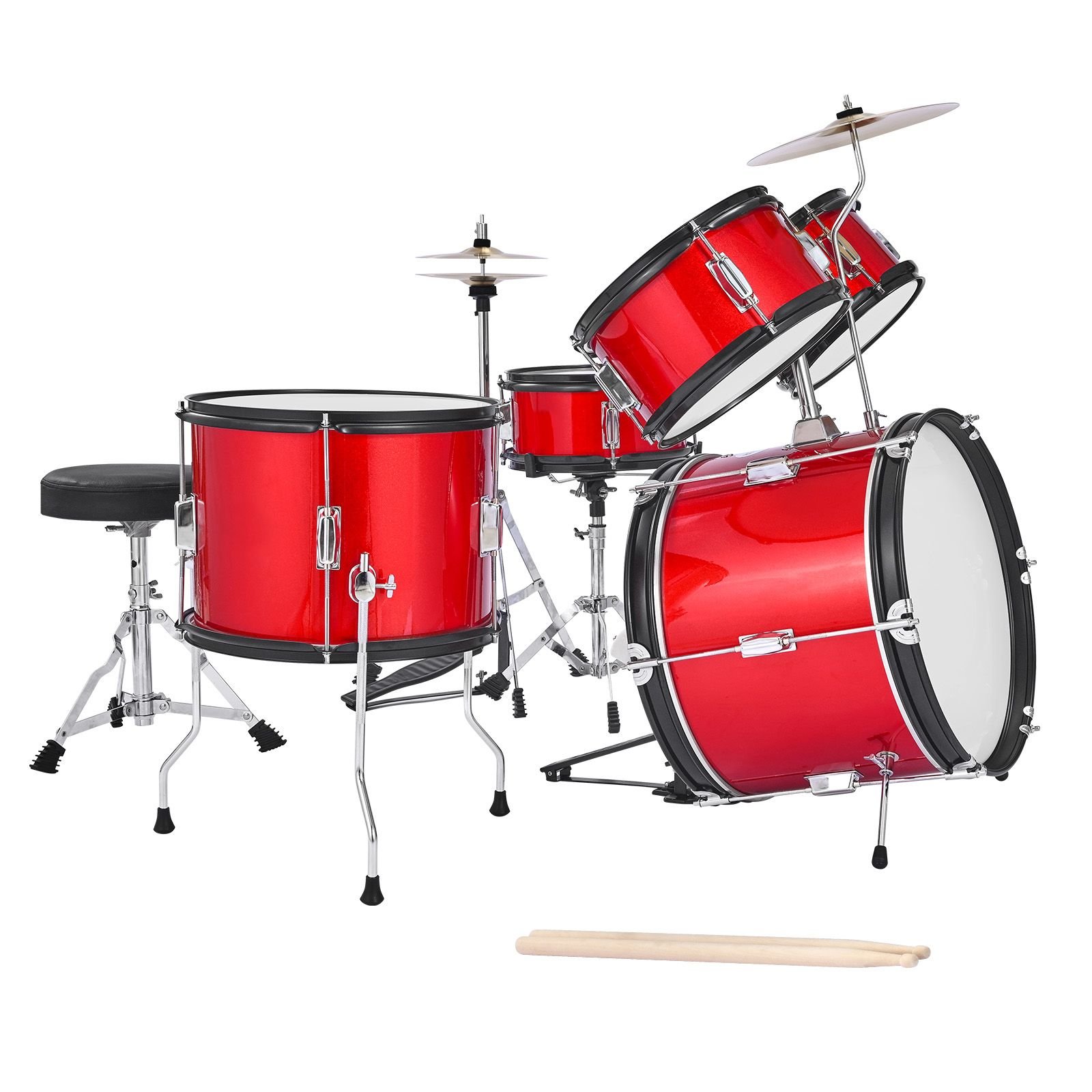 kids drum set, 5 piece 16 in junior drum sets, beginner drums set with adjustable throne, cymbal & two pairs of drumsticks, musical learning drums instruments kit, for children ages 6 13 (red)