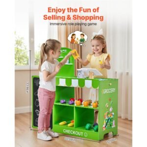 kids grocery store playset, wooden play market stand with shopping bag, kids supermarket pretend play store with conveyor belt, scanner, cash register, realistic scale, gift for boys & girls
