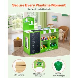 kids grocery store playset, wooden play market stand with shopping bag, kids supermarket pretend play store with conveyor belt, scanner, cash register, realistic scale, gift for boys & girls