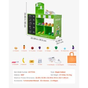 kids grocery store playset, wooden play market stand with shopping bag, kids supermarket pretend play store with conveyor belt, scanner, cash register, realistic scale, gift for boys & girls