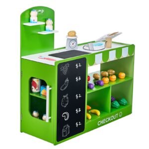 kids grocery store playset, wooden play market stand with shopping bag, kids supermarket pretend play store with conveyor belt, scanner, cash register, realistic scale, gift for boys & girls