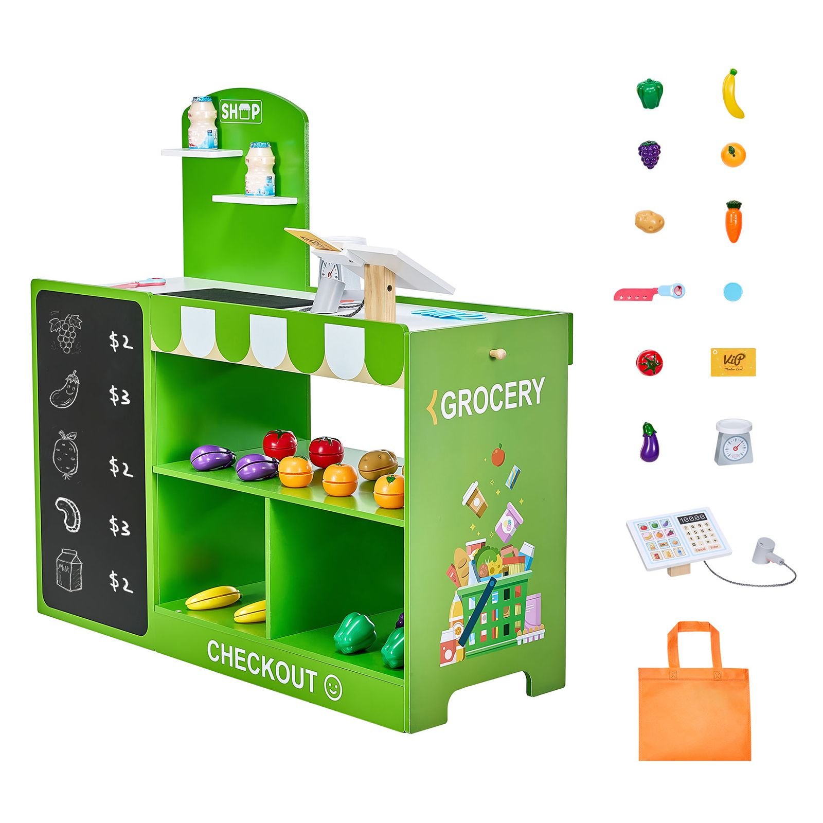 kids grocery store playset, wooden play market stand with shopping bag, kids supermarket pretend play store with conveyor belt, scanner, cash register, realistic scale, gift for boys & girls