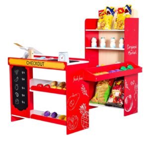 kids grocery store playset, wooden play store with shopping bag, kids supermarket pretend play toy set with conveyor belt, scanner, cash register, realistic scale, gift for boys & girls