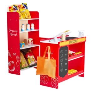 kids grocery store playset, wooden play store with shopping bag, kids supermarket pretend play toy set with conveyor belt, scanner, cash register, realistic scale, gift for boys & girls
