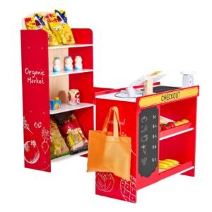 kids grocery store playset, wooden play store with shopping bag, kids supermarket pretend play toy set with conveyor belt, scanner, cash register, realistic scale, gift for boys & girls