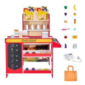 Kids Grocery Store Playset, Wooden Play Store with Shopping Bag, Kids Supermarket Pretend Play Toy Set with Conveyor Belt, Scanner, Cash Register, Realistic Scale, Gift for Boys & Girls
