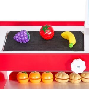 kids grocery store playset, wooden play store with shopping bag, kids supermarket pretend play toy set with conveyor belt, scanner, cash register, realistic scale, gift for boys & girls