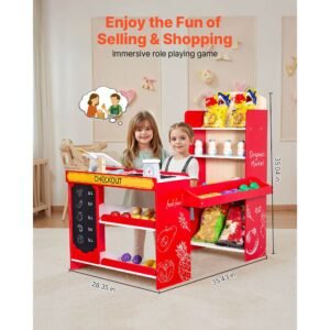 kids grocery store playset, wooden play store with shopping bag, kids supermarket pretend play toy set with conveyor belt, scanner, cash register, realistic scale, gift for boys & girls