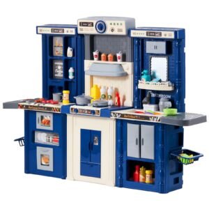 kids kitchen playset, 3 in 1 toddler kitchen with simulated spray, sounds and lights, play kitchen set with 74 pcs cooking accessory set for toddlers, preschoolers, children ages 3 8, blue