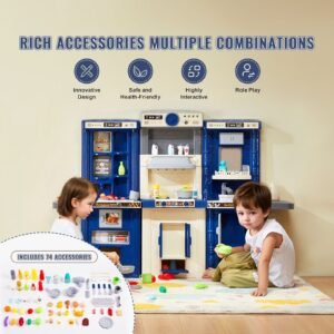 kids kitchen playset, 3 in 1 toddler kitchen with simulated spray, sounds and lights, play kitchen set with 74 pcs cooking accessory set for toddlers, preschoolers, children ages 3 8, blue