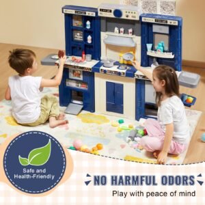 kids kitchen playset, 3 in 1 toddler kitchen with simulated spray, sounds and lights, play kitchen set with 74 pcs cooking accessory set for toddlers, preschoolers, children ages 3 8, blue