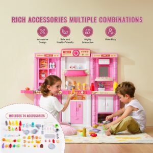 kids kitchen playset, 3 in 1 toddler kitchen with simulated spray, sounds and lights, play kitchen set with 74 pcs cooking accessory set for toddlers, preschoolers, children ages 3 8, pink