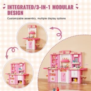 kids kitchen playset, 3 in 1 toddler kitchen with simulated spray, sounds and lights, play kitchen set with 74 pcs cooking accessory set for toddlers, preschoolers, children ages 3 8, pink