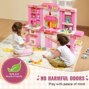 kids kitchen playset, 3 in 1 toddler kitchen with simulated spray, sounds and lights, play kitchen set with 74 pcs cooking accessory set for toddlers, preschoolers, children ages 3 8, pink