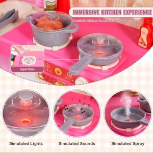 kids kitchen playset, 3 in 1 toddler kitchen with simulated spray, sounds and lights, play kitchen set with 74 pcs cooking accessory set for toddlers, preschoolers, children ages 3 8, pink