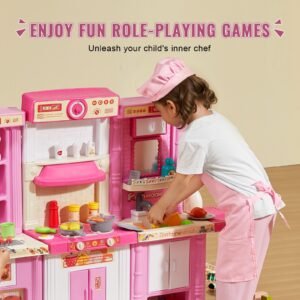 kids kitchen playset, 3 in 1 toddler kitchen with simulated spray, sounds and lights, play kitchen set with 74 pcs cooking accessory set for toddlers, preschoolers, children ages 3 8, pink