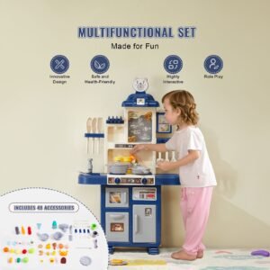 kids kitchen playset, toddler kitchen with cooking stove with steam, sounds and lights, play kitchen set with 48 pcs cooking accessory set for toddlers, preschoolers, children ages 3 5, blue