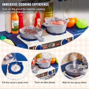 kids kitchen playset, toddler kitchen with cooking stove with steam, sounds and lights, play kitchen set with 48 pcs cooking accessory set for toddlers, preschoolers, children ages 3 5, blue