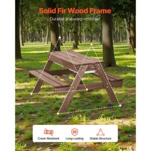 kids picnic table with umbrella, 3 in 1 sand & water table, outdoor wooden table and bench set with 2 trays, 4 people patio dining furniture for garden, backyard and porch (walnut)