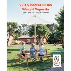 kids picnic table with umbrella, 3 in 1 sand & water table, outdoor wooden table and bench set with 2 trays, 4 people patio dining furniture for garden, backyard and porch (walnut)