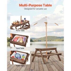 kids picnic table with umbrella, 3 in 1 sand & water table, outdoor wooden table and bench set with 2 trays, 4 people patio dining furniture for garden, backyard and porch (walnut)