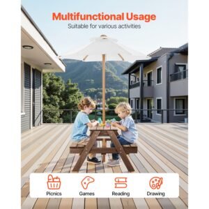 kids picnic table with umbrella, 3 in 1 sand & water table, outdoor wooden table and bench set with 2 trays, 4 people patio dining furniture for garden, backyard and porch (walnut)