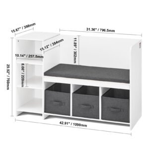 kids reading nook bench, toddler bookshelf and bookcase with detachable seat cushion, 6 cubby storage organizer bench with 3 drawers, ideal for playroom, bedroom, living room or entryway, white