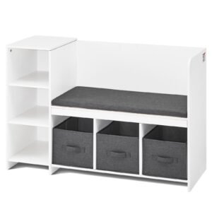 kids reading nook bench, toddler bookshelf and bookcase with detachable seat cushion, 6 cubby storage organizer bench with 3 drawers, ideal for playroom, bedroom, living room or entryway, white