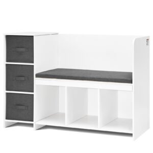 kids reading nook bench, toddler bookshelf and bookcase with detachable seat cushion, 6 cubby storage organizer bench with 3 drawers, ideal for playroom, bedroom, living room or entryway, white