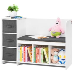 kids reading nook bench, toddler bookshelf and bookcase with detachable seat cushion, 6 cubby storage organizer bench with 3 drawers, ideal for playroom, bedroom, living room or entryway, white