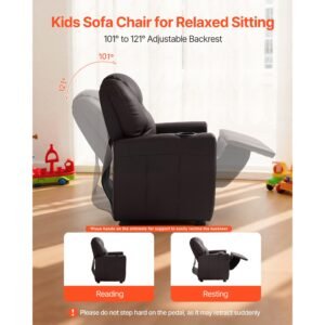 kids reclining chair, toddler recliner with cup holder, 101° to 121° adjustable backrest, easy to clean pu leather recliner couch with footrest, 90 lbs load, for boys & girls, children (brown)