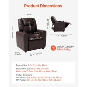 kids reclining chair, toddler recliner with cup holder, 101° to 121° adjustable backrest, easy to clean pu leather recliner couch with footrest, 90 lbs load, for boys & girls, children (brown)